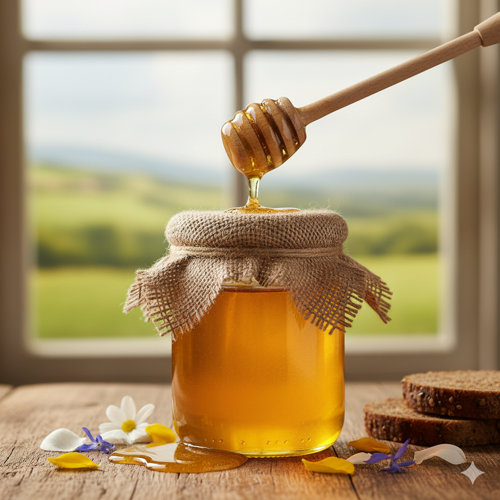 Honey jar with paper cover surrounded by pine cones and knitted fabric on a white wooden surface