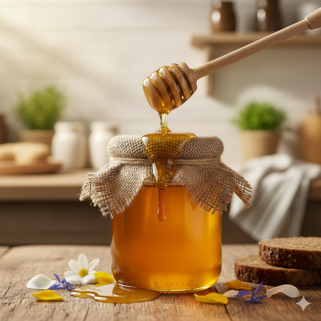 Honey jar with paper cover surrounded by pine cones and knitted fabric on a white wooden surface