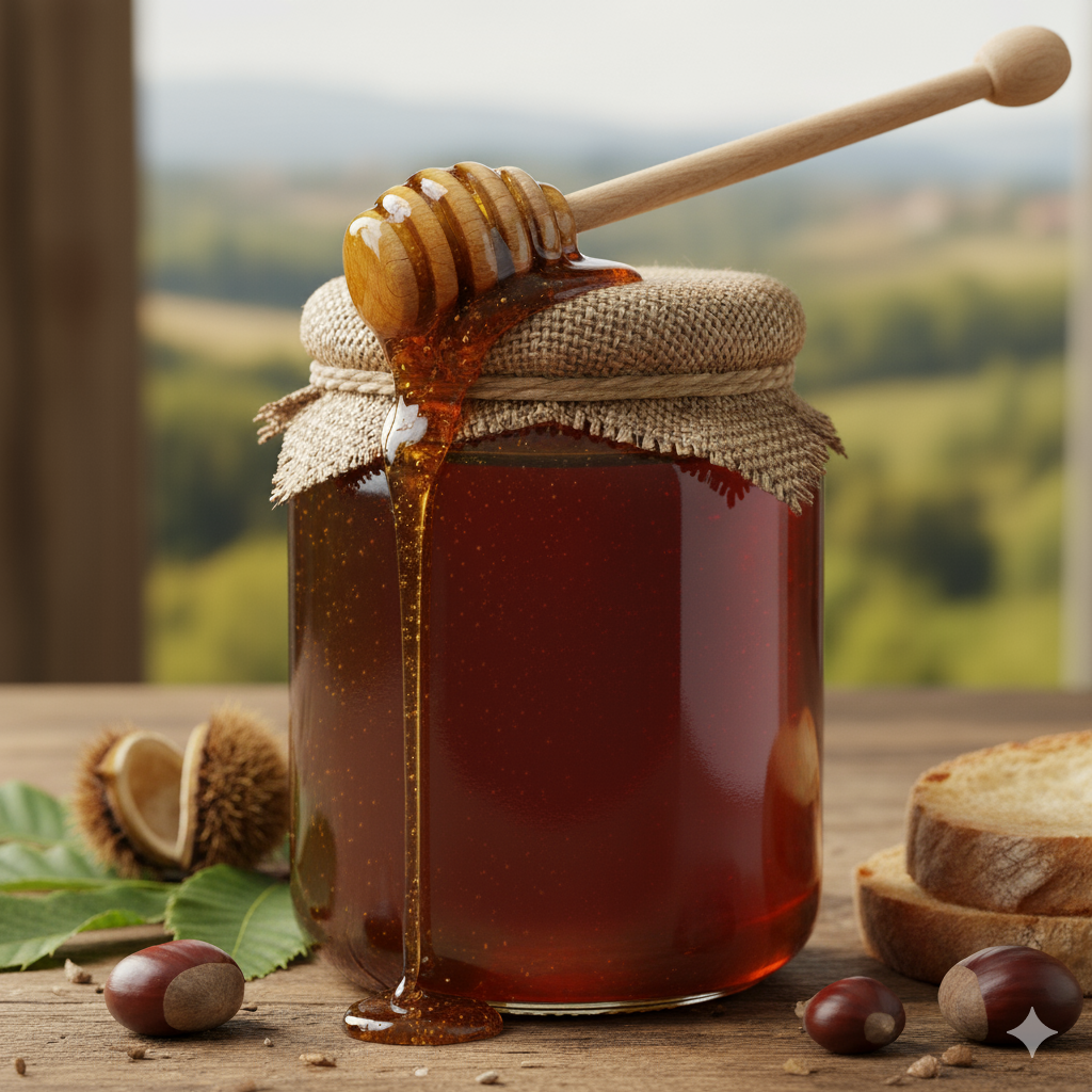 Honey jar with a paper cover and ceramic tea set on a yellow background with dried leaves