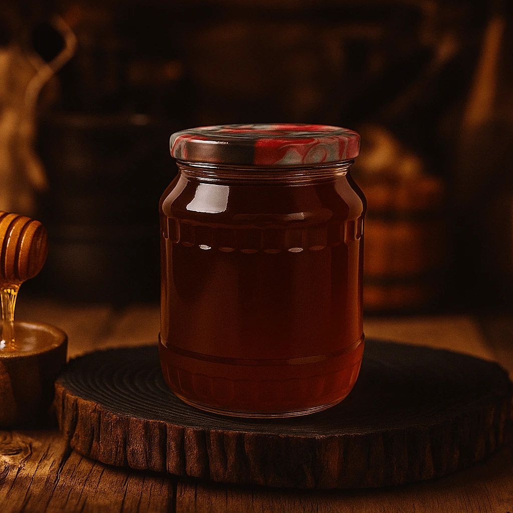 ოქროს თაფლის მიერ წარმოებული ნატურალური წაბლის თაფლი ქილაში.