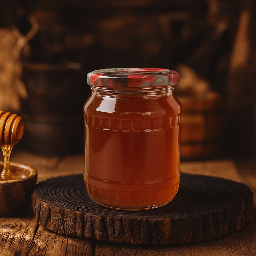 ოქროს თაფლის მიერ წარმოებული ნატურალური ყვავილების თაფლი ქილაში.